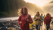  Along a misty coastal path illuminated by the first rays of sunlight, a group of stunning women clad in colorful rain jackets run with abandon