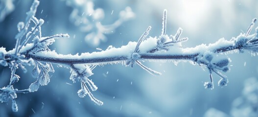 Wall Mural - A close-up macro shot capturing the delicate frost on a winter forest branch.