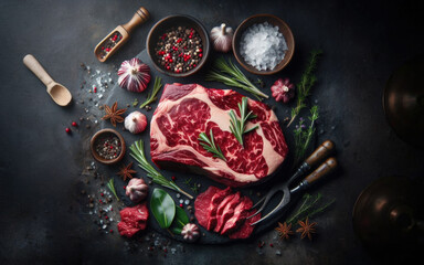 Raw beef meat steaks for grilling with seasoning and utensils on dark rustic board.