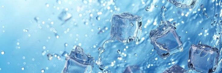 Wall Mural - Frozen water represented by ice cubes set against a cool, bluish background.