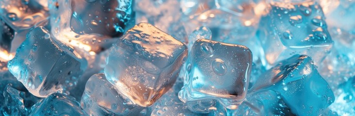 Wall Mural - An image of ice cubes on a background tinted in bluish hues, depicting the concept of frozen water.