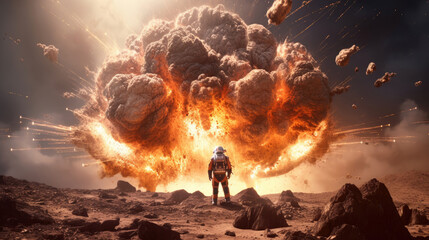 an astronaut in an explosion, elevating the futuristic action movie concept
