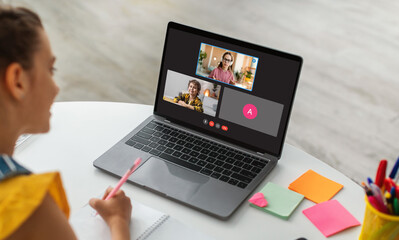 Poster - School aged girl studying from home, have online lesson