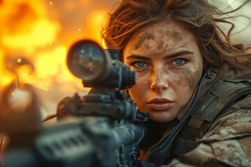 Wall Mural - Female soldier with sniper rifle