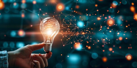 Poster - A hand holding a light bulb, with a network on the background