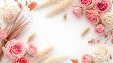 Fresh Pink Tea Roses And Pampas Grass On A White Background With Copyspace