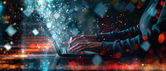 Poster - A person using their laptop, while a number of digital lines are shown, in the style of blurred forms, futuristic settings, dotted, light silver and dark navy, geodesic structures