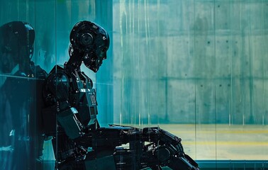 Poster - A robot seated inside of an office building