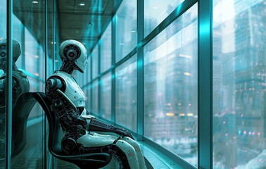 Poster - A robot seated inside of an office building