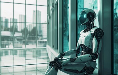 Poster - A robot seated inside of an office building