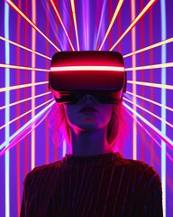 Poster - A white female virtual reality person wearing a red mask and colourful ray lines over a neon background