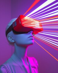 Poster - A white female virtual reality person wearing a red mask and colourful ray lines over a neon background
