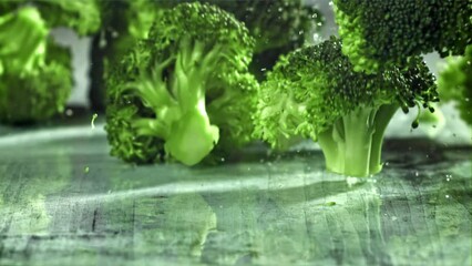 Wall Mural - Dropping broccoli with splashing water. Filmed on a high-speed camera at 1000 fps. High quality FullHD footage