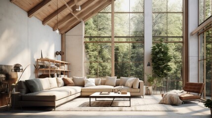 Wall Mural - A Minimalist interior design of Mid-century loft home in a clear loft modern living room in house in forest. a room with morning sunlight streaming through the window.