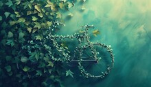 Eco-friendly Transportation Concept: A Bicycle Covered In Lush Green Leaves, Illustrating Nature And Sustainable Mobility