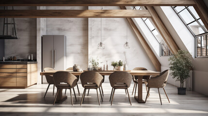 Wall Mural - A Minimalist interior design of a modern Dining table and chairs in a clear loft with wooden beams in the dining room, a room with morning sunlight streaming through the window.