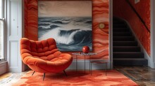 A Solitary Statement Chair In A Monochrome Hallway With A Splash Of Color Thanks To Its Vivid Orange Velvet Upholstery.