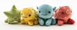 cutout set of 3 stuffed friendly cute alien , turtle and star plushie stuffed soft playtime toys isolated on white png background, Generative AI