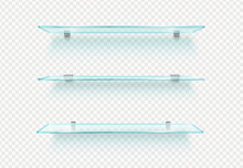 Realistic Empty Glass Shelf. Isolated 3d Vector Shelves With Transparent Surfaces Offer A Minimalist Look, Creating A Sleek And Uncluttered Space For Display Or Storage For Goods, Items And Production