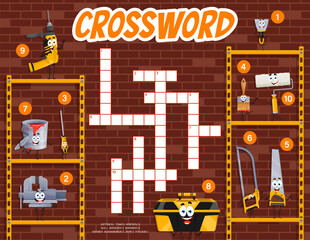 Poster - Crossword quiz game grid, cartoon DIY and repair tool characters, vector worksheet. Kids crossword game to guess words of funny tools for carpentry and woodworking, drill and paintbrush and spatula