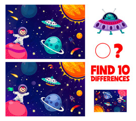 Poster - Find ten differences in galaxy space landscape with kid astronaut and alien, vector quiz game. Find difference worksheet with kid spaceman on galaxy planet, alien UFO with Martian in outer space