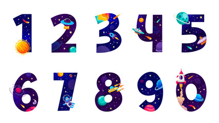 Poster - Cartoon galaxy space numbers and funny math game elements, vector numerals. Space font numeric symbols or numbers from 1 to 0 with space rockets, planets and alien UFO or asteroids for kid math game