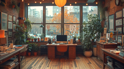 Poster - A room with a desk, chair, lamp, and a large window