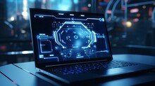 Futuristic Interpretation Of A Secure Cyber Security Service Concept On A Laptop, Portrayed In High Definition, Showcasing Advanced Digital Defense Mechanisms.