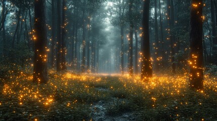 Sticker - A forest filled with lots of yellow fireflies