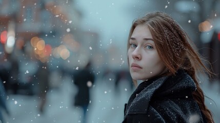 Poster - A woman standing on a city street in the snow