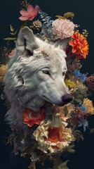 Wall Mural - A painting of a white wolf surrounded by flowers