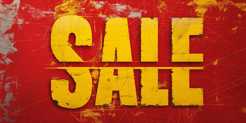 Sticker - Sale concept banner design. Yellow letters on a red background. Vintage style. Advertising promotion horizontal layout. Digital artwork raster bitmap. AI artwork. 