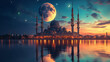 Majestic Moonrise Over Istanbul, ethereal glow of a supermoon casts a serene light over Istanbul's skyline, reflecting off tranquil waters beside a towering mosque