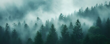 A Misty Mountain Landscape With A Forest Of Pine Trees In A Vintage Retro Style. The Environment Is Portrayed With Clouds And Mist, Creating A Vintage And Atmospheric Imagery Of A Tree Covered Forest.