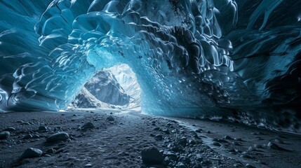 Blue crystal ice cave entrance and an underground river beneath the glacier