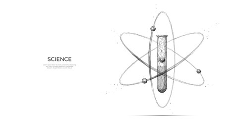 Aufkleber - Chemistry science concept. Abstract test tube and atom model isolated on a white background. Digital laboratory flask. Polygonal vector illustration. Innovation research. Low poly sketch. 