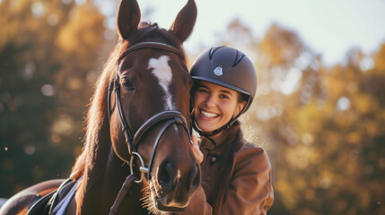 Young woman in horse riding suit and her beautiful pet outdoors on sunny day, horse riding school concept