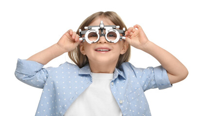 Sticker - Vision testing. Little girl with trial frame on white background