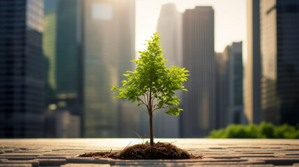 Poster - Green tree growing from ground with city background. Ecology concept.