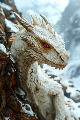 Wall Mural - Portrait of fantasy white dragon on snowy mountaims background.