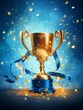 © SALEEM - Golden Trophy Cup Isolated on Blue Background with Confetti. Generative AI