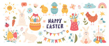 Happy Easter Cute Vector Set. Rabbit, Egg, Flower And Other Spring Elements. Vector Cartoon Illustration