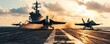 panoramic view of a generic military aircraft carrier ship with fighter jets take off during a special operation at a warzone, wide poster design, Generative AI
