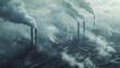 A photorealistic image of a sprawling factory emitting carbon dioxide with visible H2O vapor in the atmosphere, highlighting the environmental impact Created Using Industrial factory setting, s
