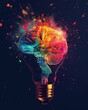 An artistic rendering of a lightbulb with its filament transforming into a colorful human brain, set against a dark background to highlight the colors Created Using Artistic style, filament-to-