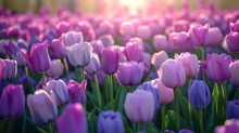 Huge Field Of Purple And Light Blue Tulips, Late Afternoon, Deep Sun Shining.