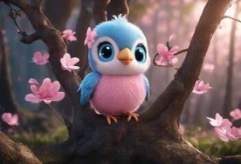 A cute baby cartoon bird with sky blue eyes and pink wings standing at the tree.