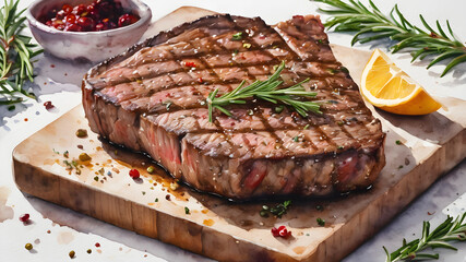 Wall Mural - Fresh raw beef and pork steaks adorned with rosemary on a white plate, creating a delicious and nutritious dinner meal