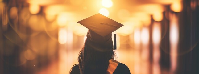 Poster - A close-up of a black academic graduation cap with a vibrant yellow tassel positioned to the side, set against a softly blurred background, symbolizing achievement and the completion of educational mi