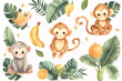 Watercolor illustration featuring cute monkeys in playful poses with tropical fruits and lush green foliage, perfect for nursery decoration or educational content.